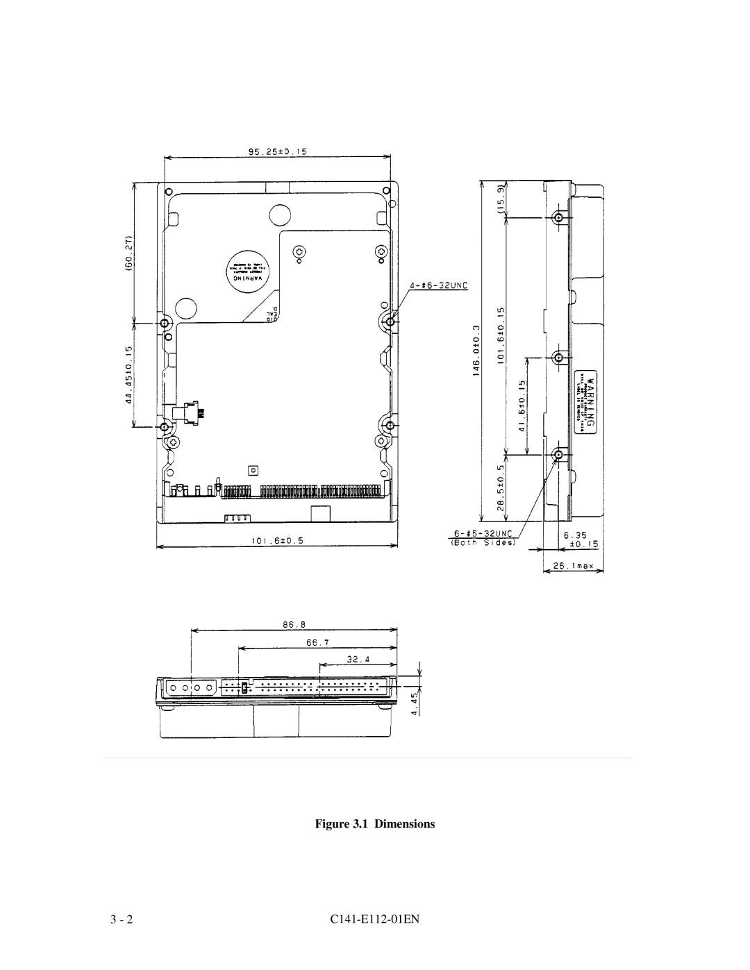 Fujitsu MPG3XXXAH manual 1 Dimensions, C141-E112-01EN 