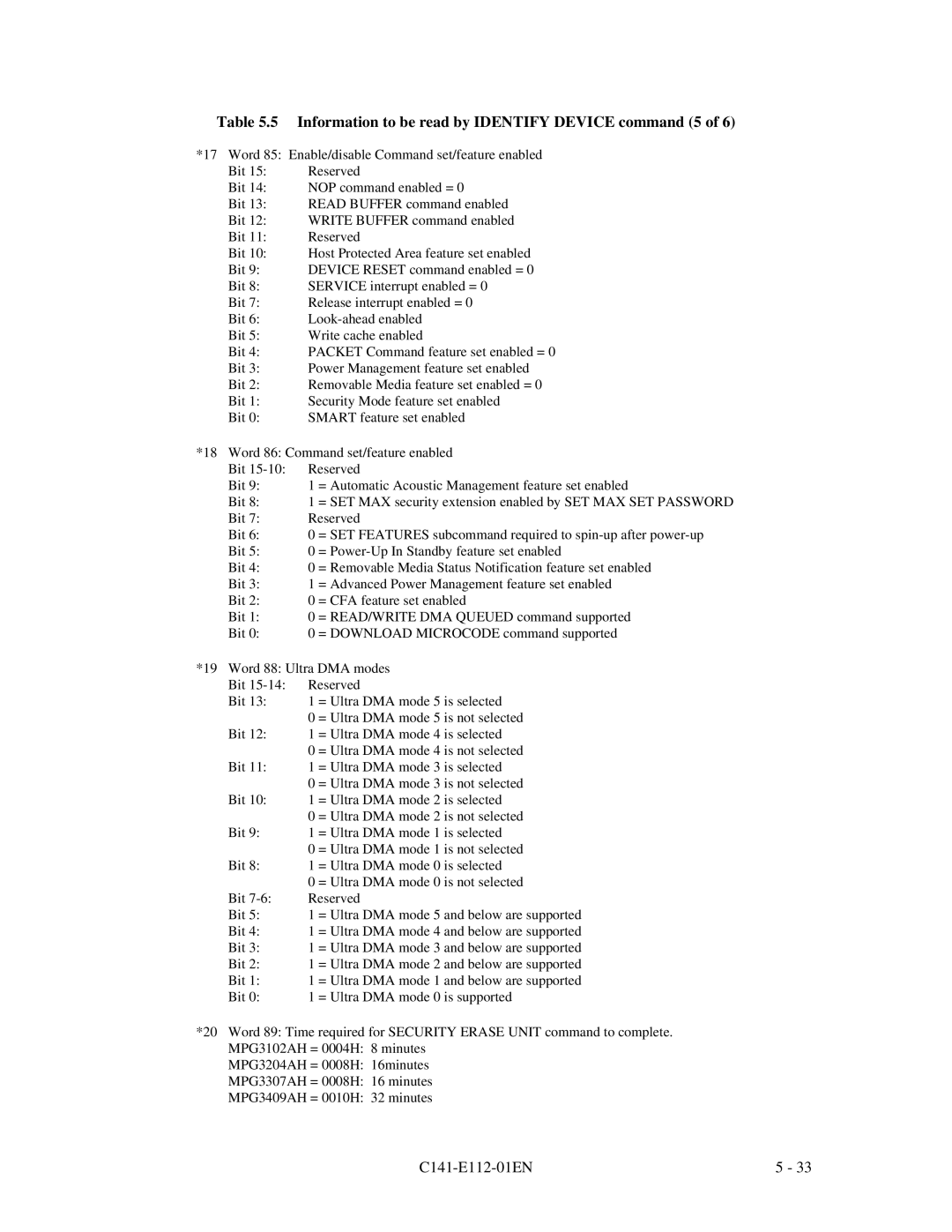 Fujitsu MPG3XXXAH manual Information to be read by Identify Device command 5 