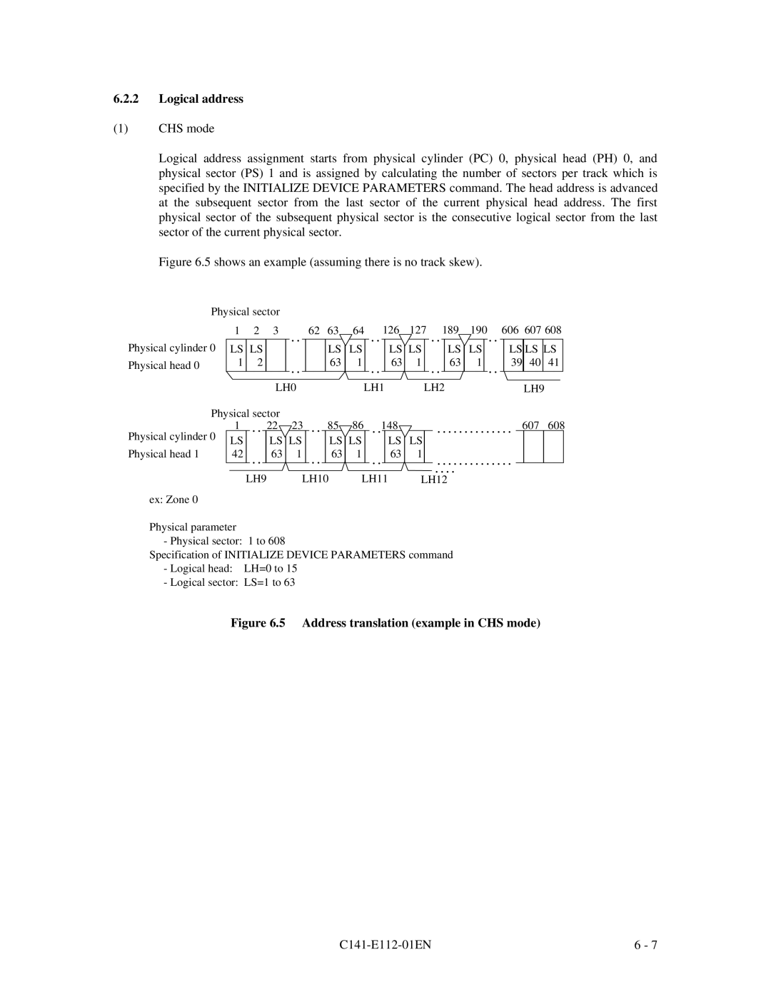 Fujitsu MPG3XXXAH manual Logical address, Address translation example in CHS mode 