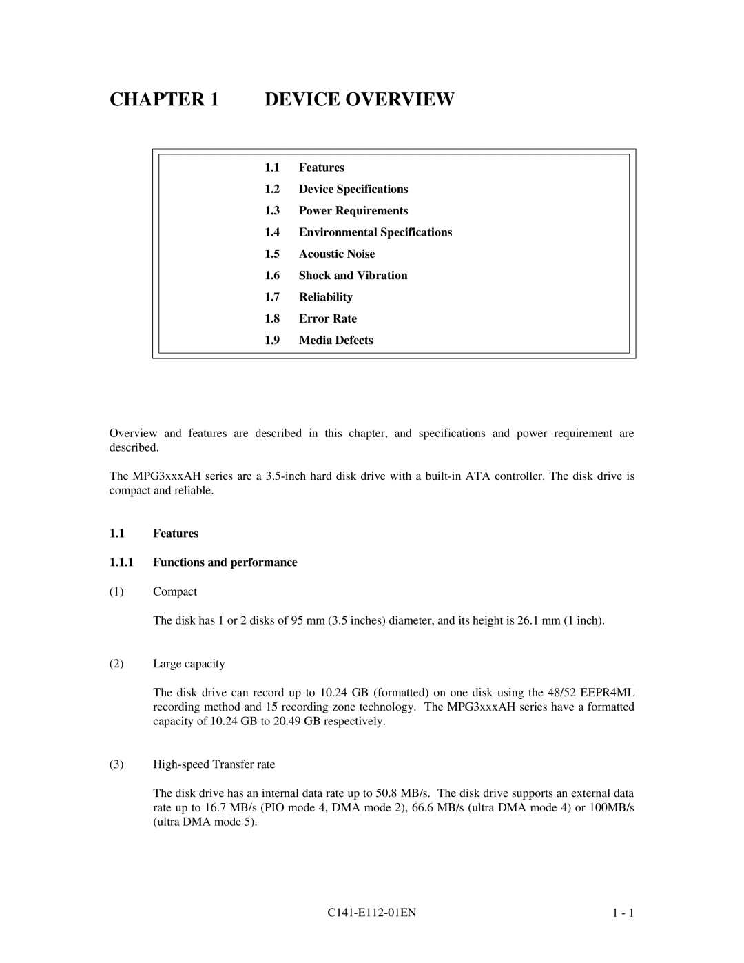 Fujitsu MPG3XXXAH manual Device Overview, Features Functions and performance 