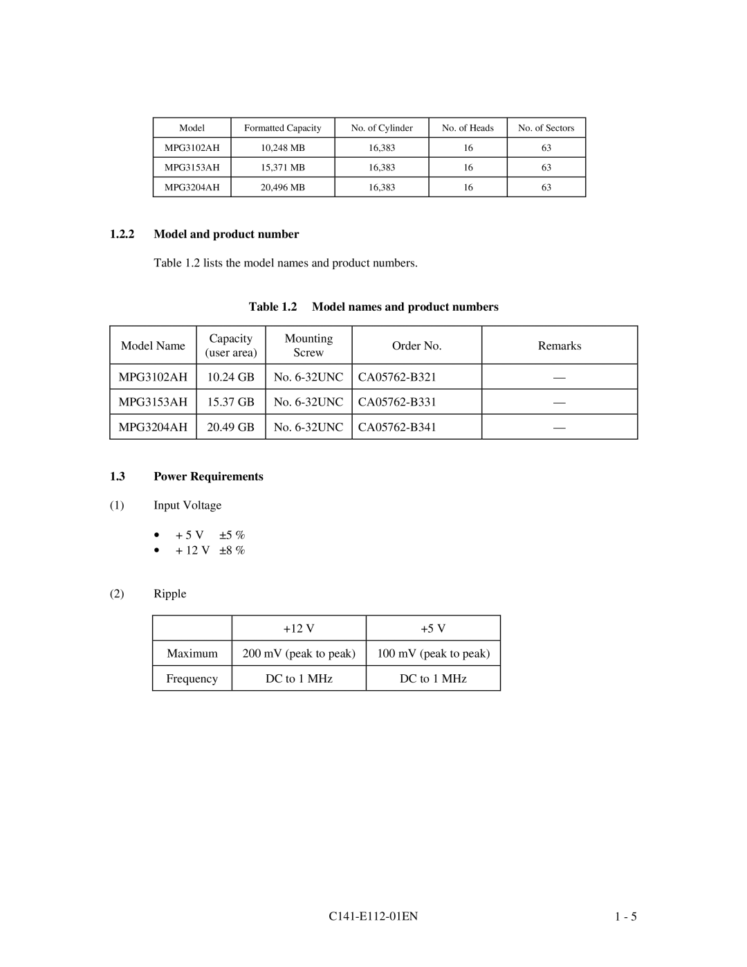 Fujitsu MPG3XXXAH manual Model and product number, Model names and product numbers, MPG3102AH, MPG3153AH, MPG3204AH 