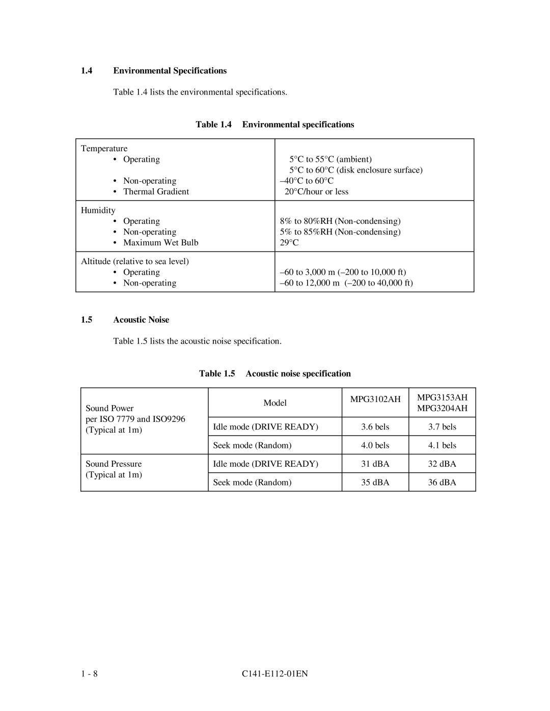 Fujitsu MPG3XXXAH manual Acoustic noise specification, MPG3102AH MPG3153AH 