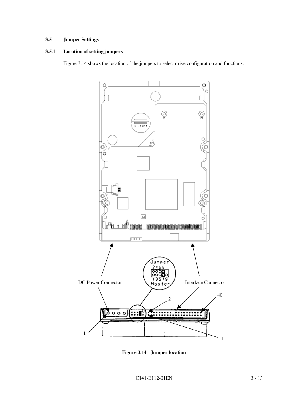 Fujitsu MPG3XXXAH manual Jumper Settings Location of setting jumpers, Jumper location 