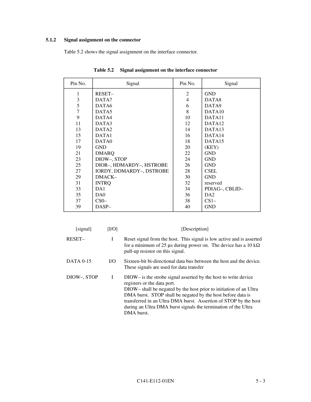 Fujitsu MPG3XXXAH manual Signal assignment on the connector, Signal assignment on the interface connector, Dasp GND, Reset 