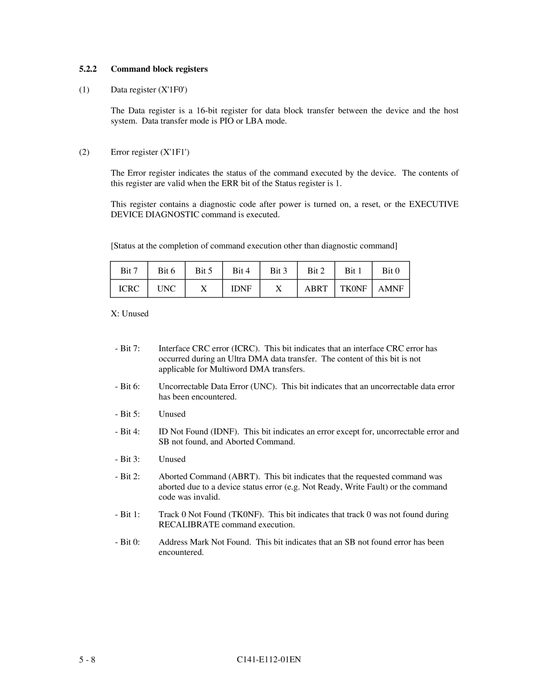 Fujitsu MPG3XXXAH manual Command block registers, Icrc UNC Idnf Abrt TK0NF Amnf 