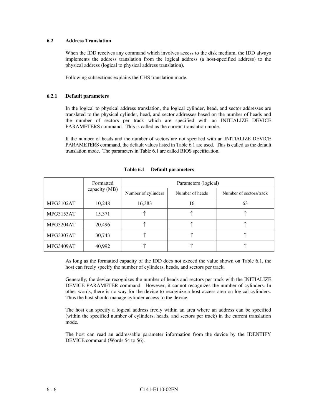 Fujitsu MPG3XXXAT manual Address Translation, Default parameters 