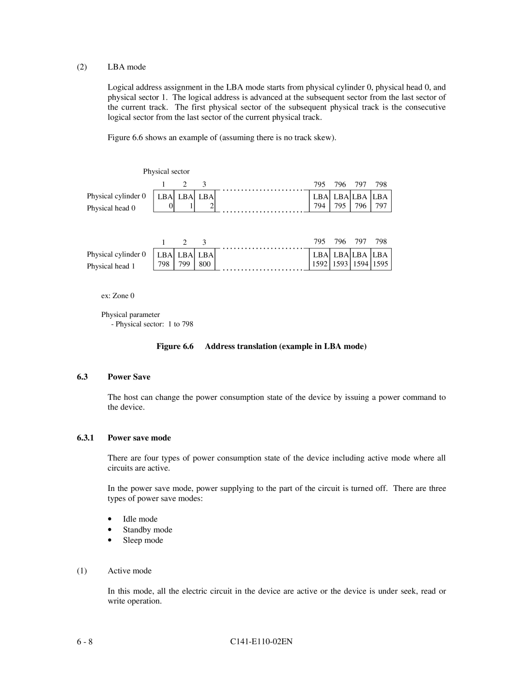 Fujitsu MPG3XXXAT manual Address translation example in LBA mode Power Save, Power save mode 