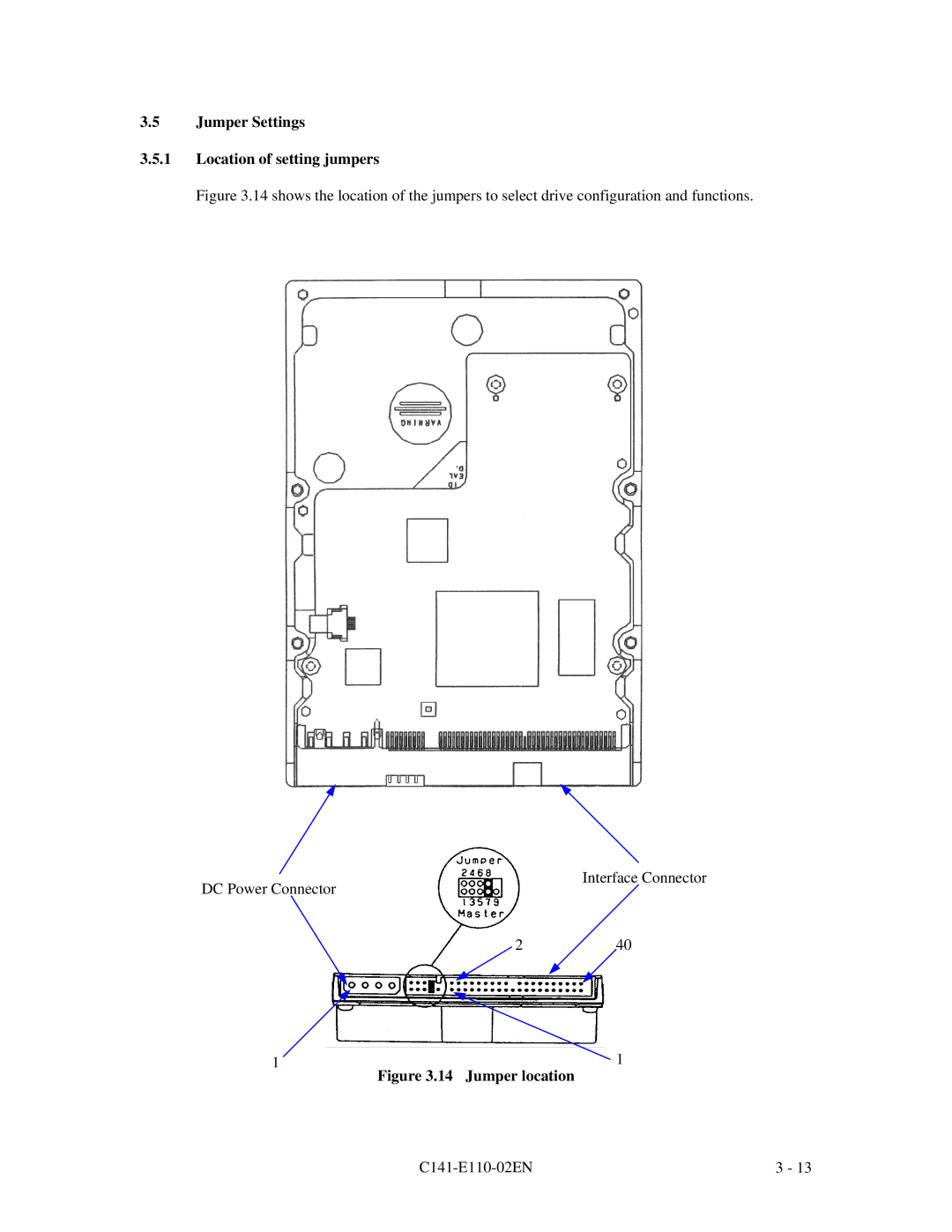 Fujitsu MPG3XXXAT manual Jumper Settings Location of setting jumpers, Jumper location 