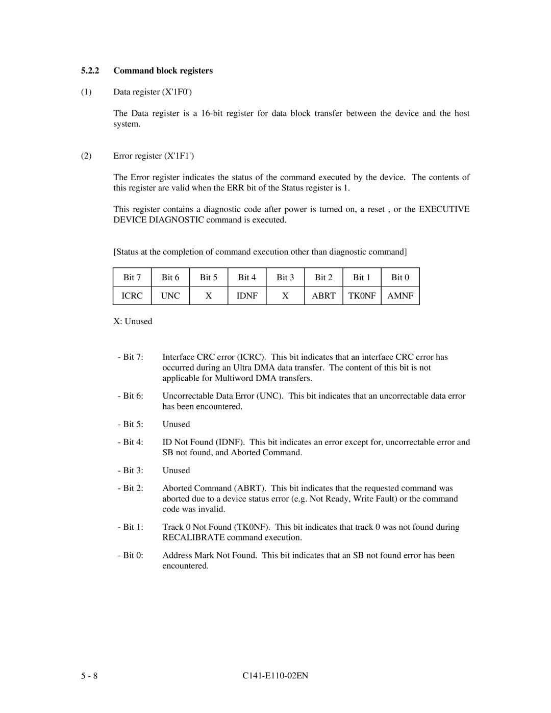 Fujitsu MPG3XXXAT manual Command block registers, Icrc UNC Idnf Abrt TK0NF Amnf 