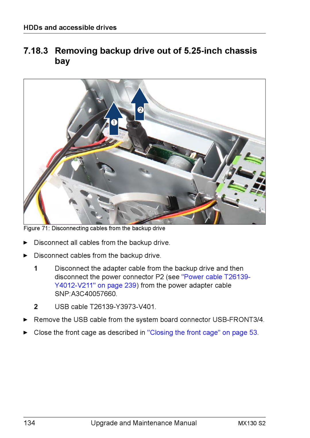 Fujitsu MX130 S2 manual Removing backup drive out of 5.25-inch chassis bay, Disconnecting cables from the backup drive 