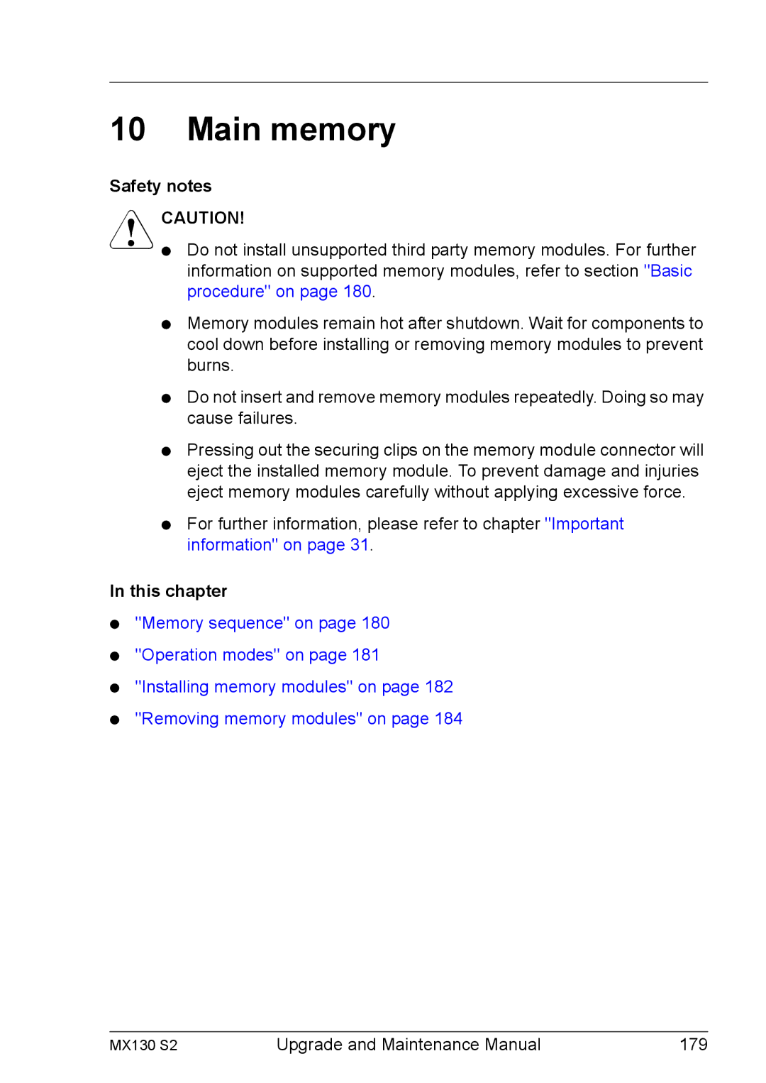 Fujitsu MX130 S2 manual Main memory, Safety notes 