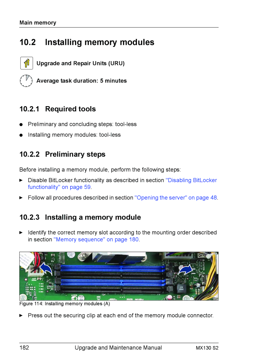 Fujitsu MX130 S2 manual Installing memory modules, Installing a memory module 