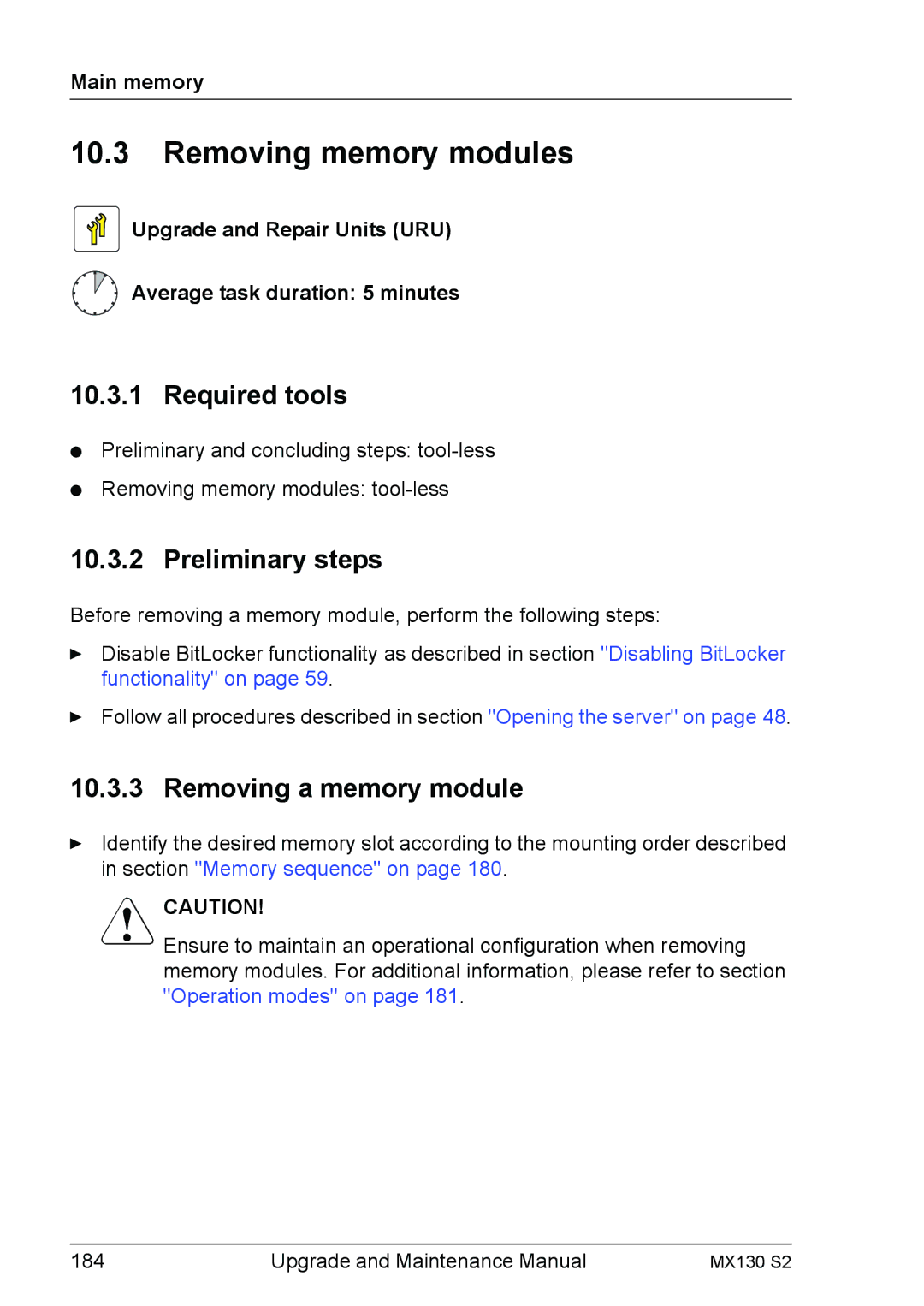 Fujitsu MX130 S2 manual Removing memory modules, Removing a memory module 