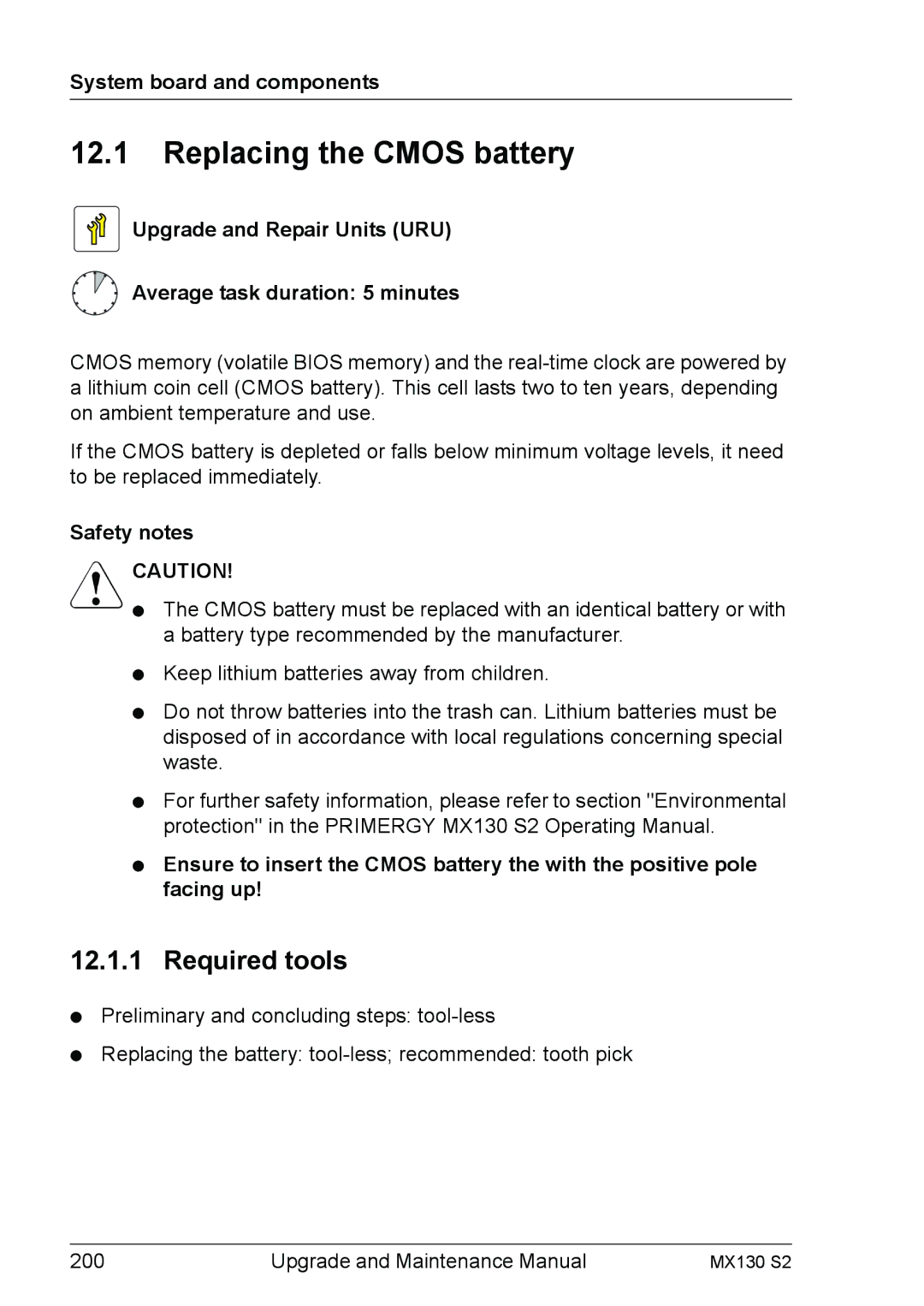 Fujitsu MX130 S2 manual Replacing the Cmos battery, System board and components 