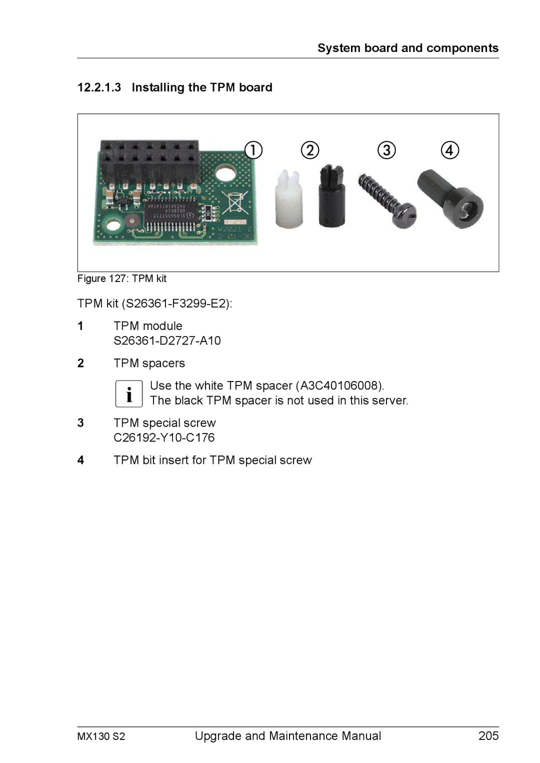 Fujitsu MX130 S2 manual System board and components Installing the TPM board, TPM kit 