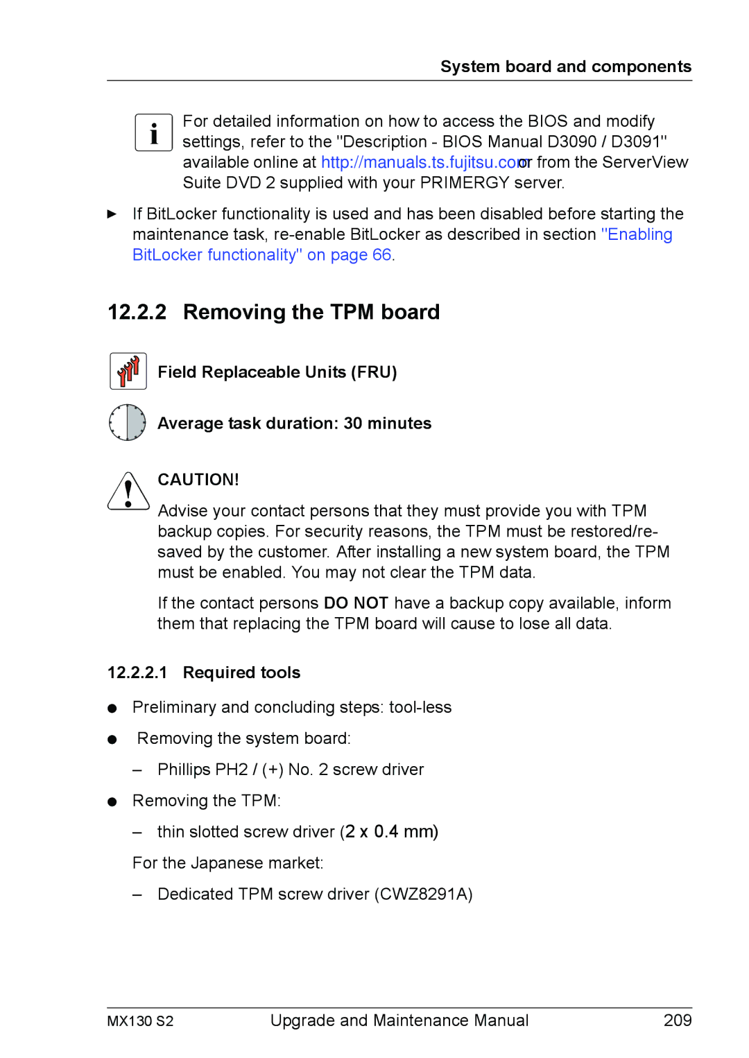 Fujitsu MX130 S2 manual Removing the TPM board, Field Replaceable Units FRU Average task duration 30 minutes 