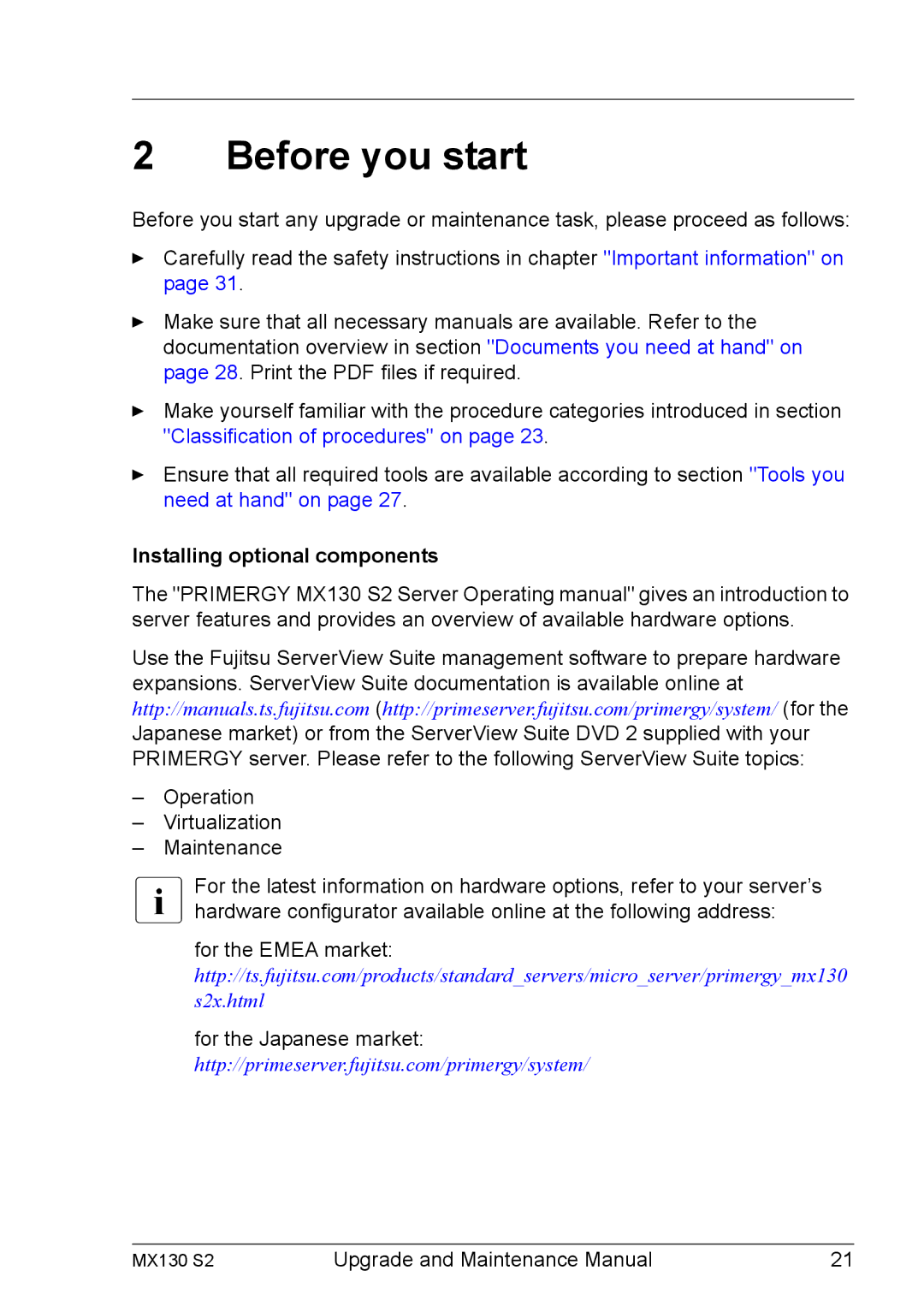 Fujitsu MX130 S2 manual Before you start, Installing optional components 