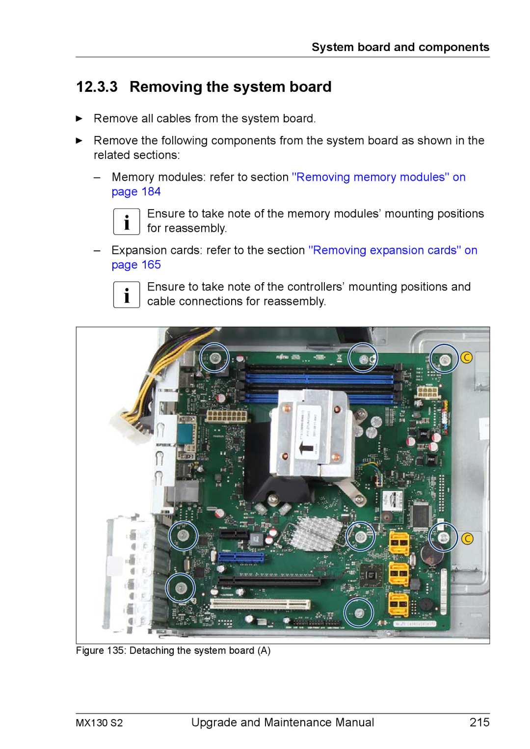 Fujitsu manual Removing the system board, Detaching the system board a MX130 S2 