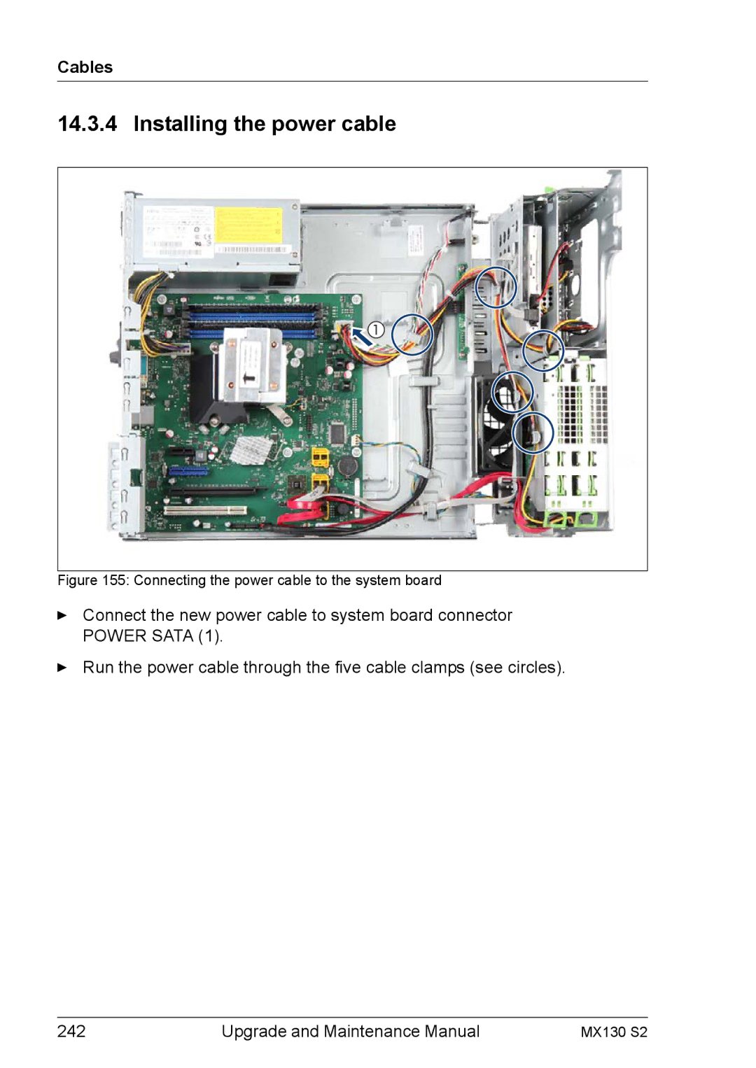 Fujitsu MX130 S2 manual Installing the power cable, Connecting the power cable to the system board 