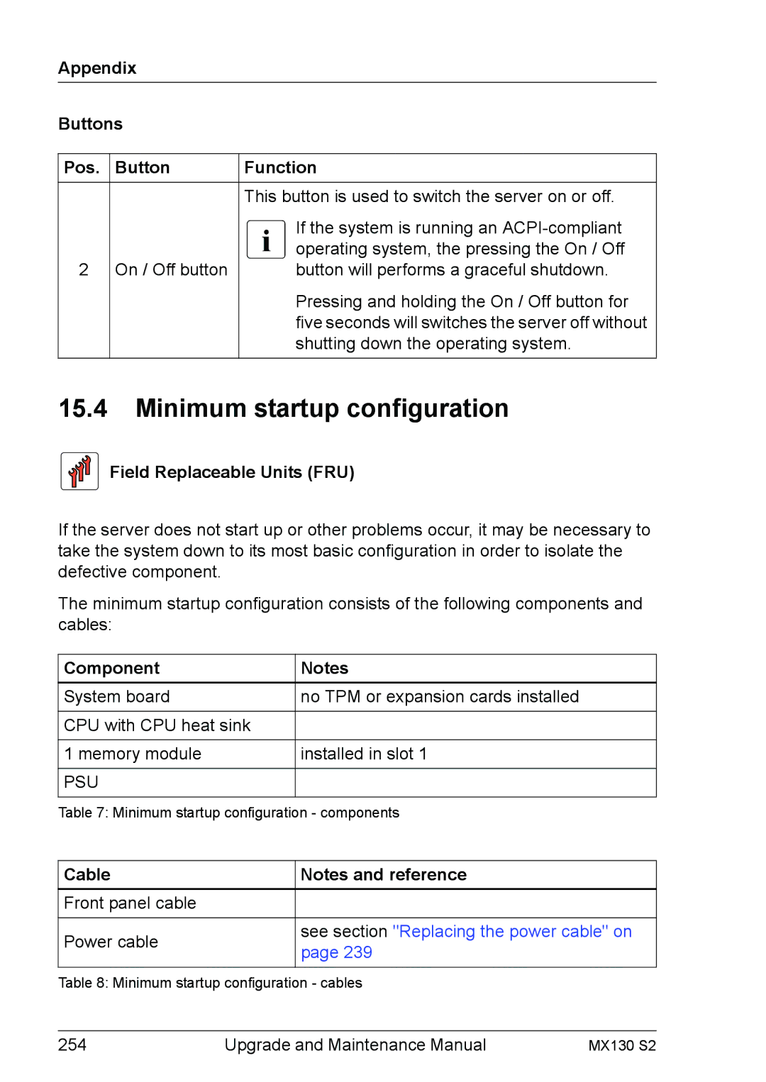 Fujitsu MX130 S2 manual Minimum startup configuration, Appendix Buttons Pos. Button, Cable 