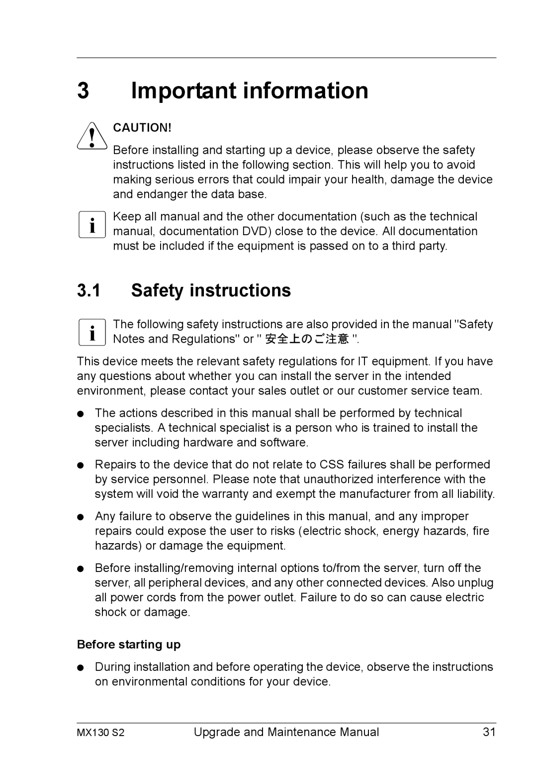 Fujitsu MX130 S2 manual Important information, Safety instructions, Before starting up 