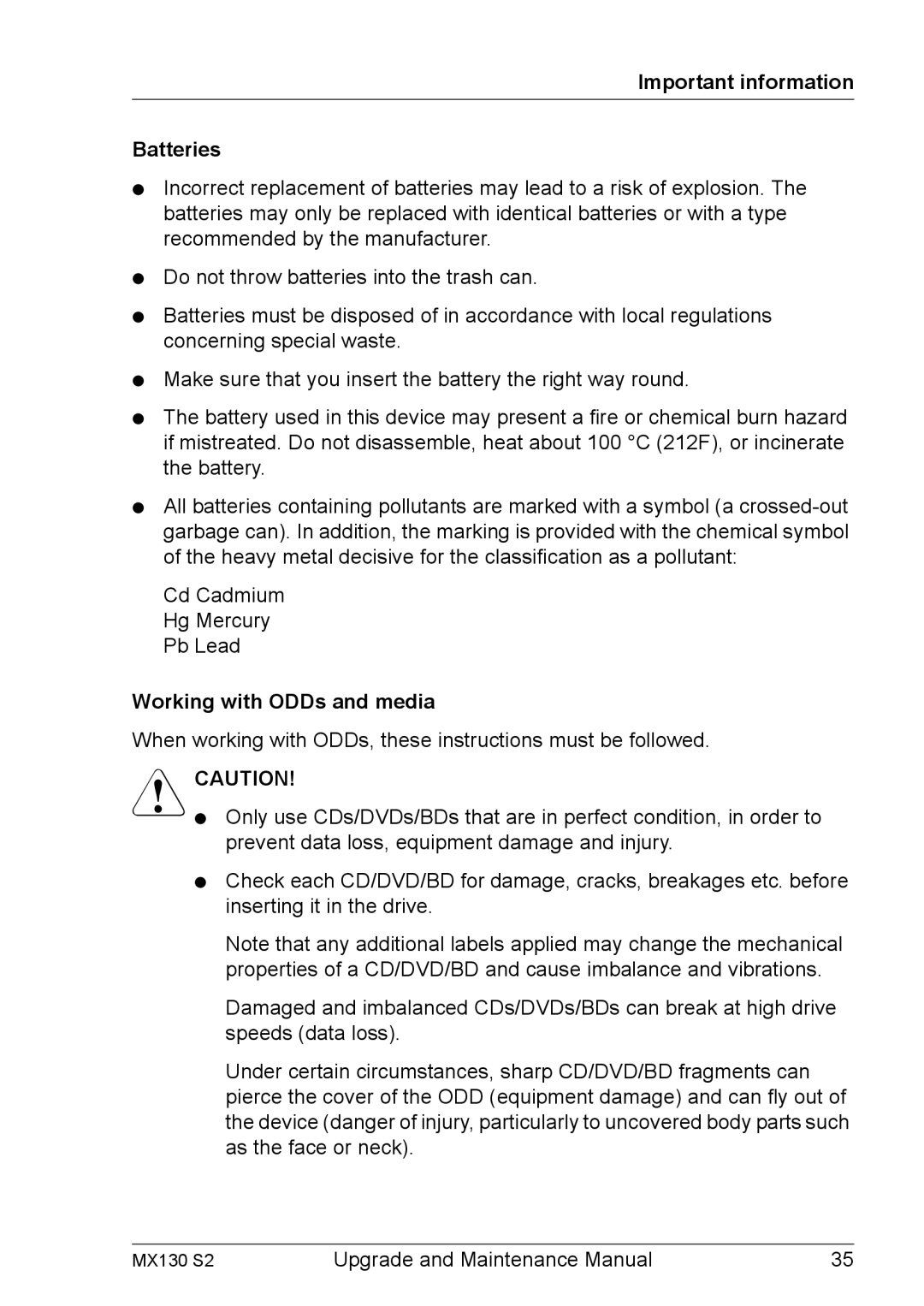 Fujitsu MX130 S2 manual Important information Batteries, Working with ODDs and media 