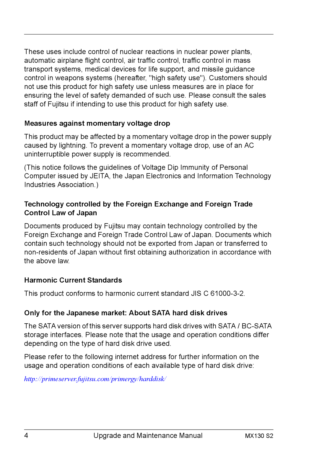 Fujitsu MX130 S2 manual Measures against momentary voltage drop, Harmonic Current Standards 