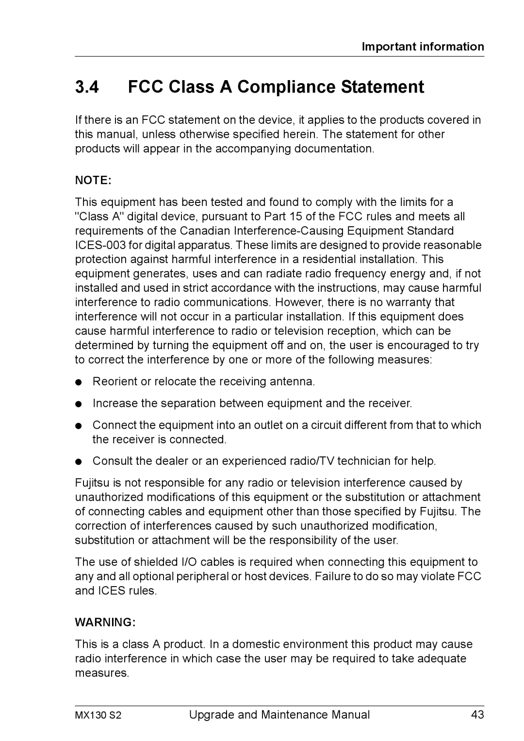 Fujitsu MX130 S2 manual FCC Class a Compliance Statement 