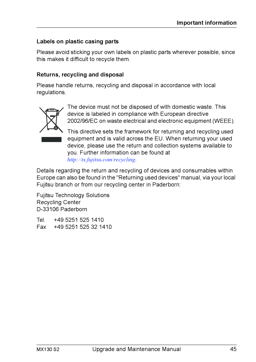 Fujitsu MX130 S2 manual Important information Labels on plastic casing parts, Returns, recycling and disposal 