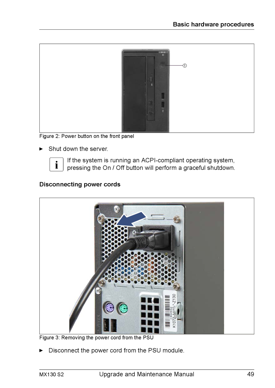 Fujitsu MX130 S2 manual Shut down the server, Disconnecting power cords 