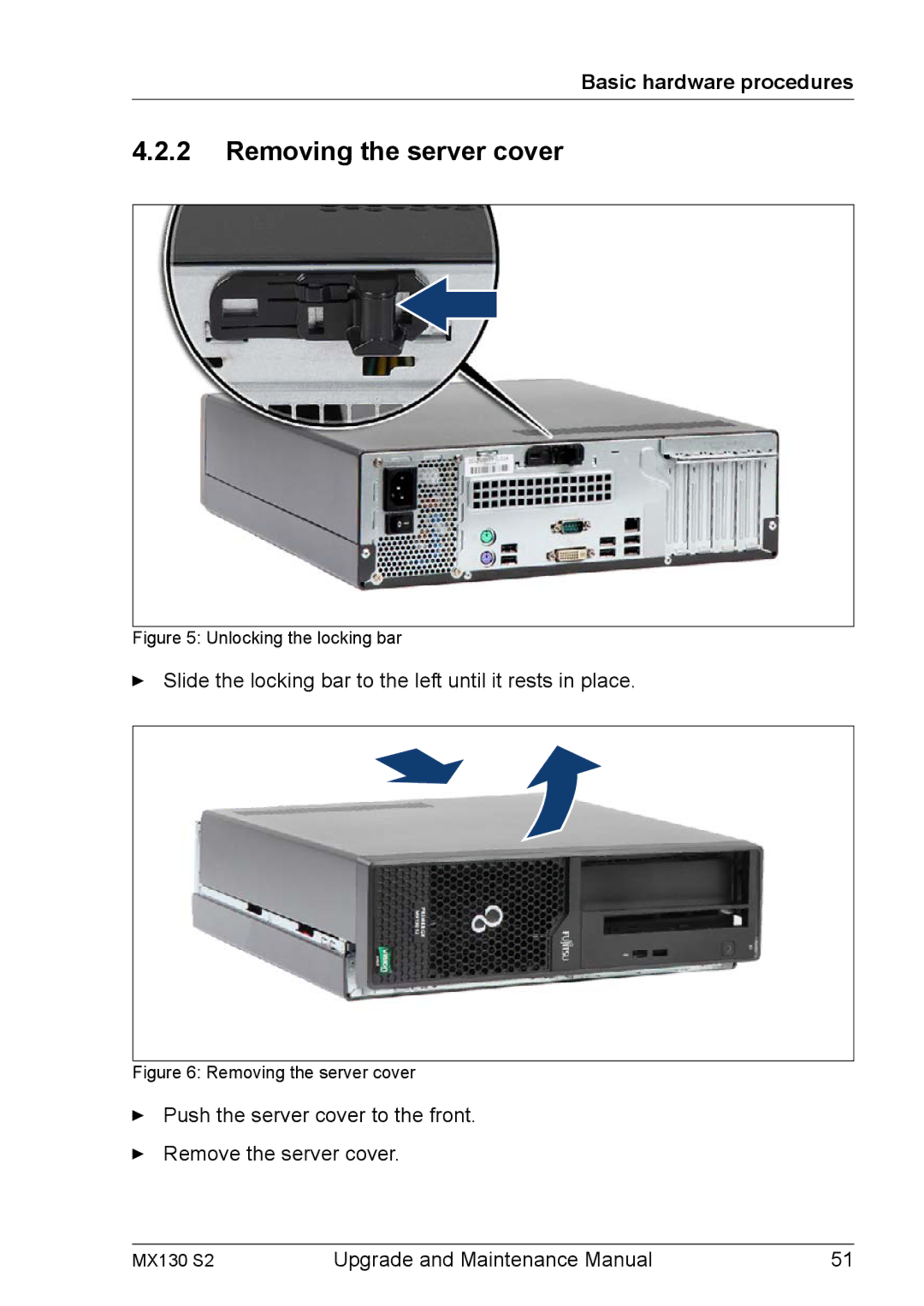 Fujitsu MX130 S2 manual Removing the server cover, Unlocking the locking bar 