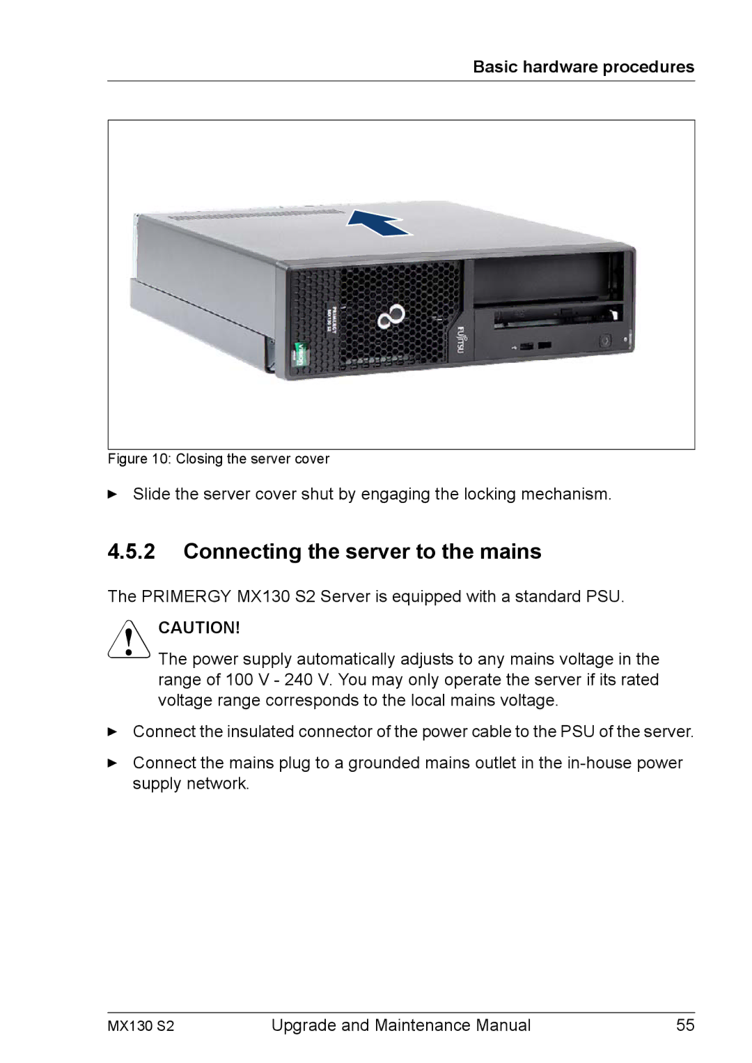 Fujitsu MX130 S2 manual Connecting the server to the mains, Closing the server cover 