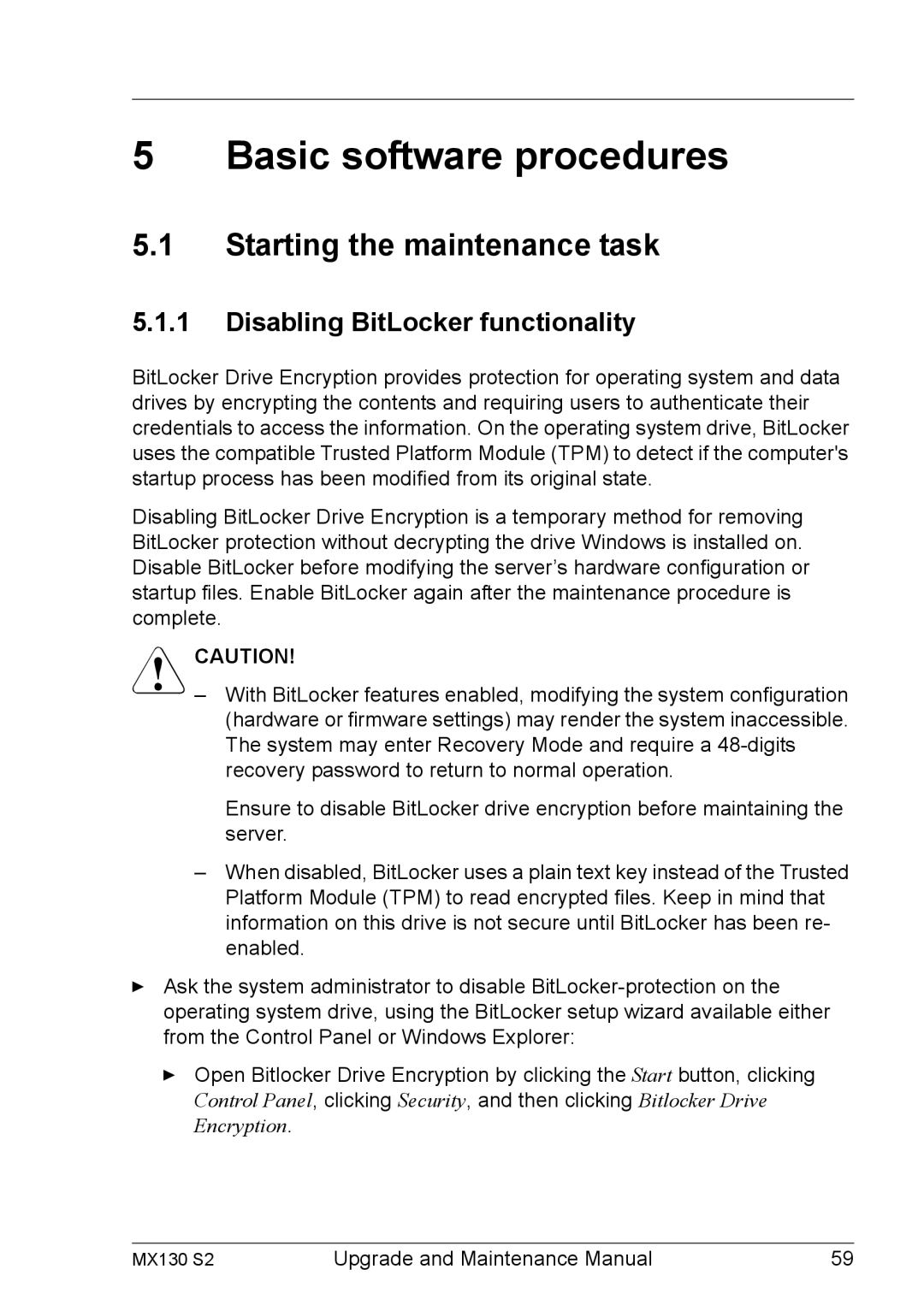 Fujitsu MX130 S2 manual Basic software procedures, Starting the maintenance task, Disabling BitLocker functionality 