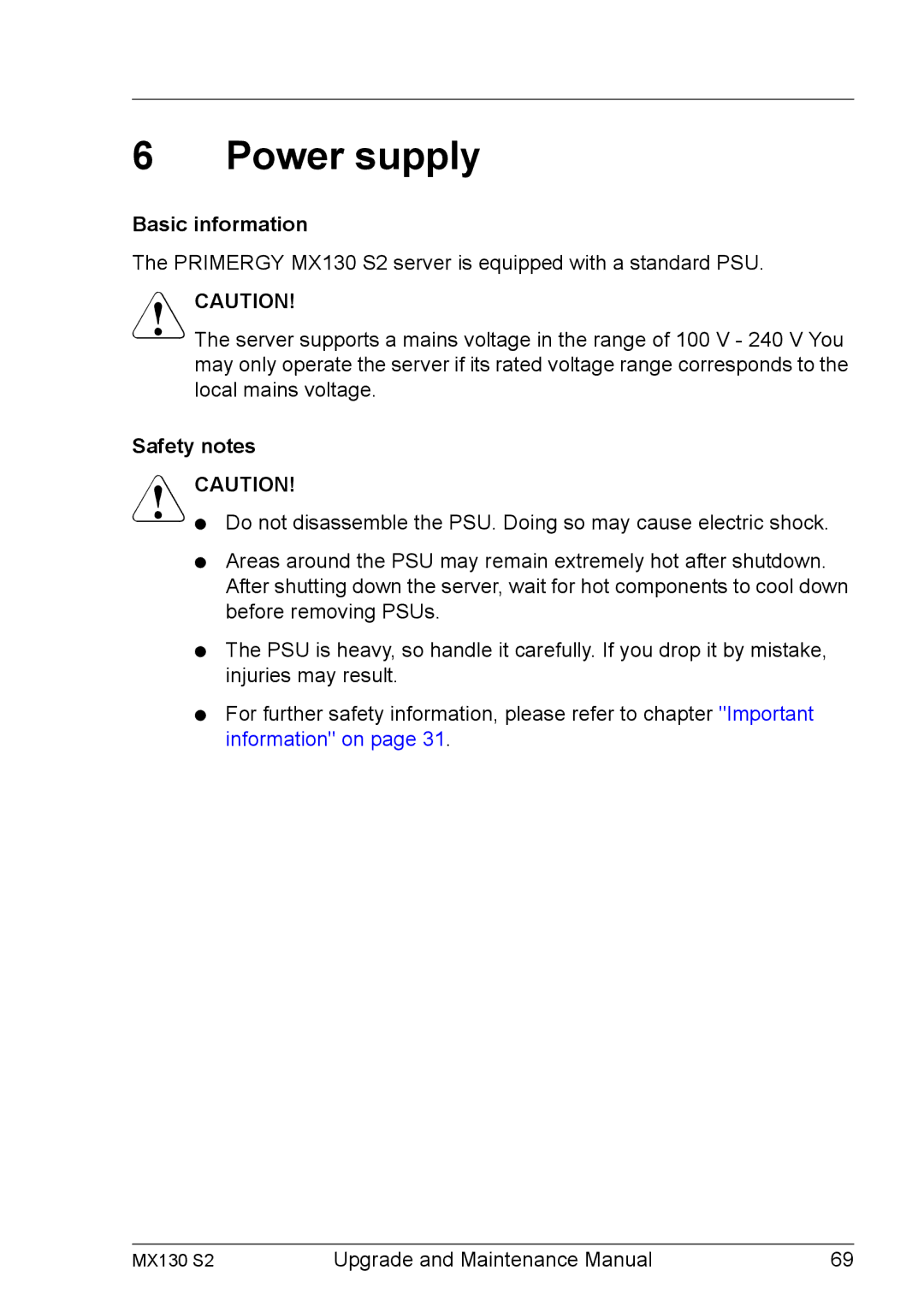 Fujitsu MX130 S2 manual Power supply, Basic information, Safety notes 