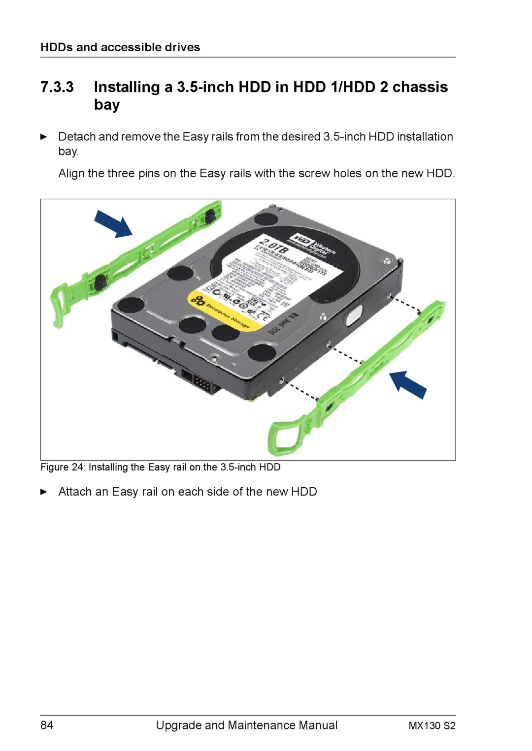 Fujitsu MX130 S2 manual Installing a 3.5-inch HDD in HDD 1/HDD 2 chassis bay, Installing the Easy rail on the 3.5-inch HDD 