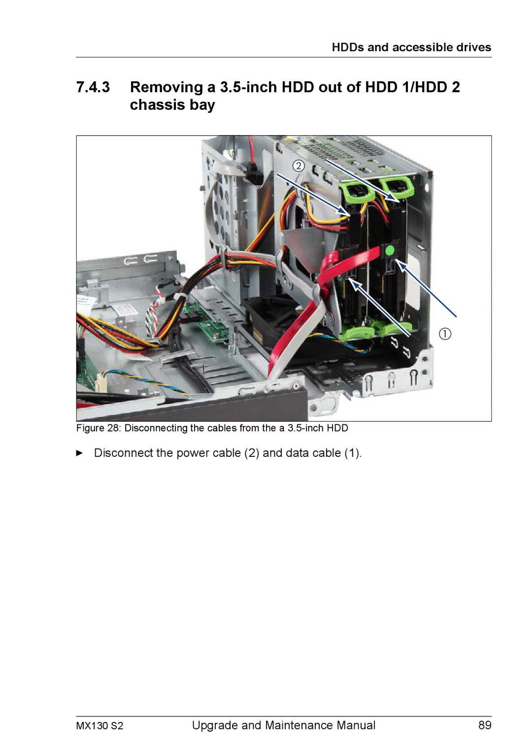 Fujitsu MX130 S2 Removing a 3.5-inch HDD out of HDD 1/HDD 2 chassis bay, Disconnecting the cables from the a 3.5-inch HDD 