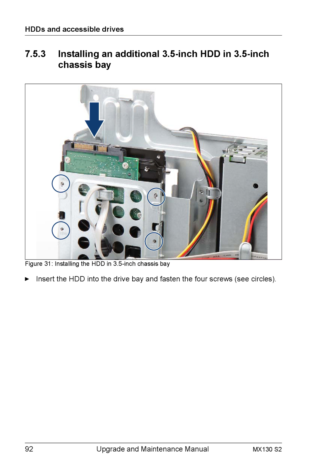 Fujitsu MX130 S2 manual Installing the HDD in 3.5-inch chassis bay 