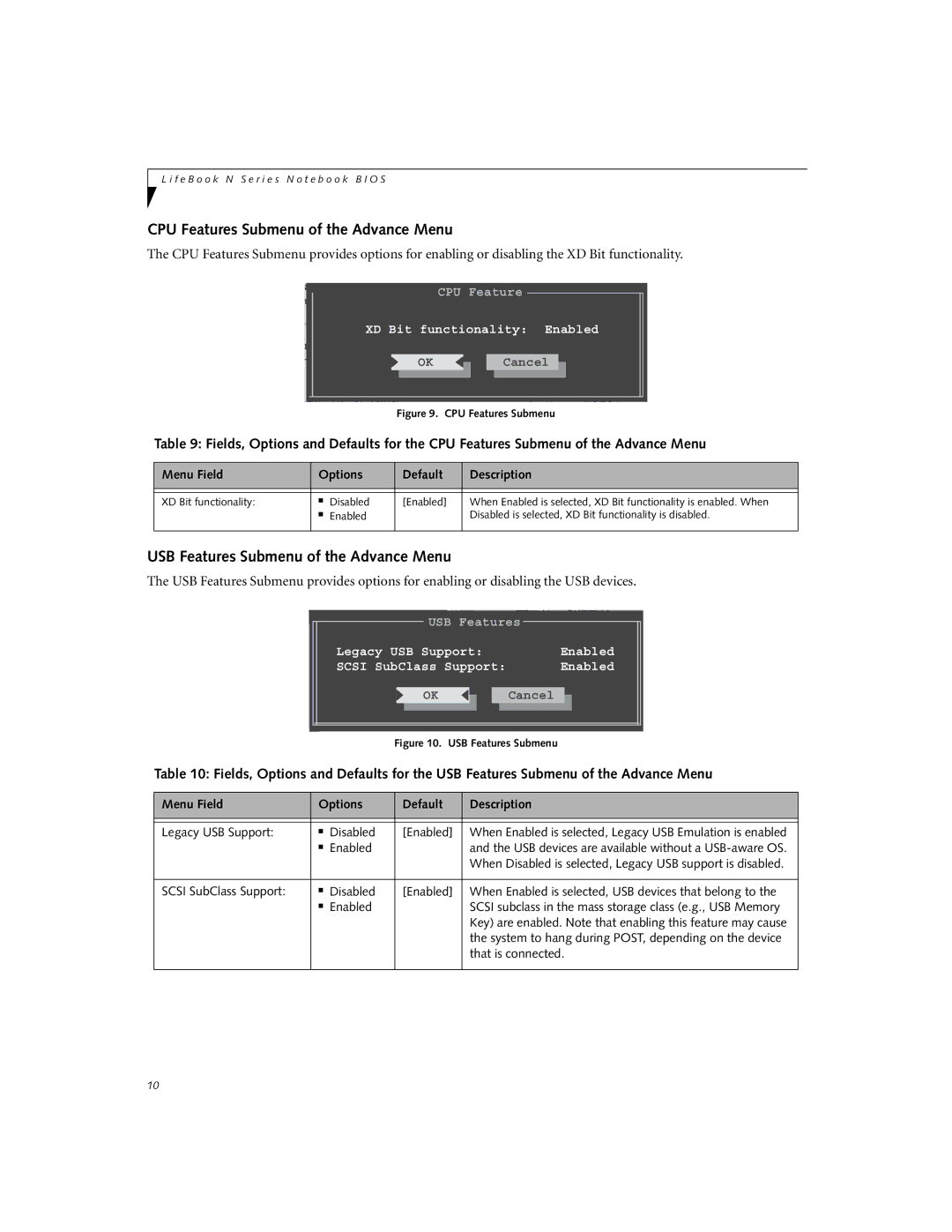 Fujitsu N3410 manual CPU Features Submenu of the Advance Menu, USB Features Submenu of the Advance Menu 