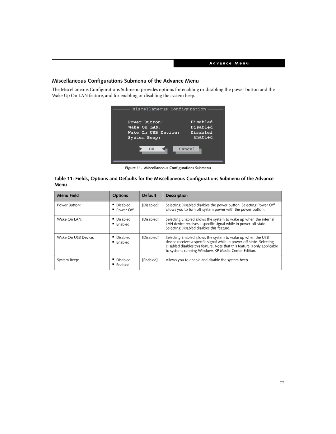 Fujitsu N3410 Miscellaneous Configurations Submenu of the Advance Menu, To systems running Windows XP Media Center Edition 