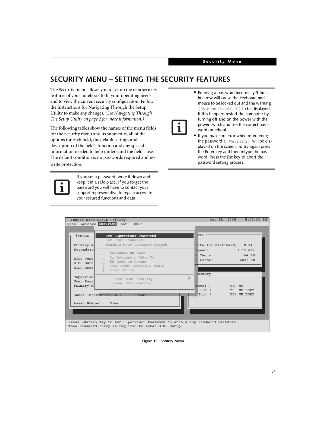 Fujitsu N3410 manual Security Menu Setting the Security Features, Set Supervisor Password 