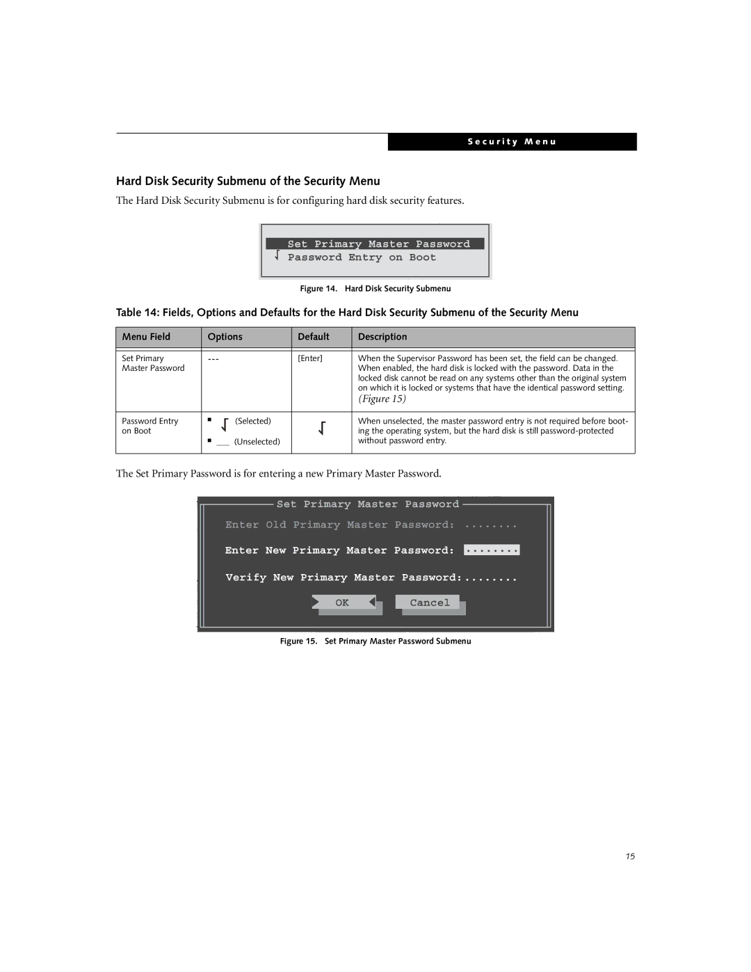 Fujitsu N3410 manual Hard Disk Security Submenu of the Security Menu, Set Primary Master Password 