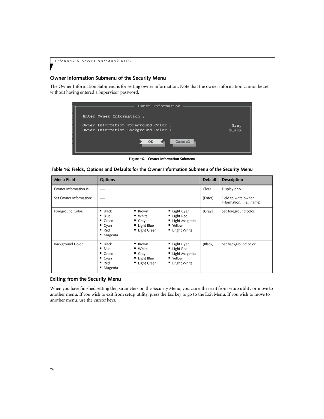 Fujitsu N3410 manual Owner Information Submenu of the Security Menu, Exiting from the Security Menu 