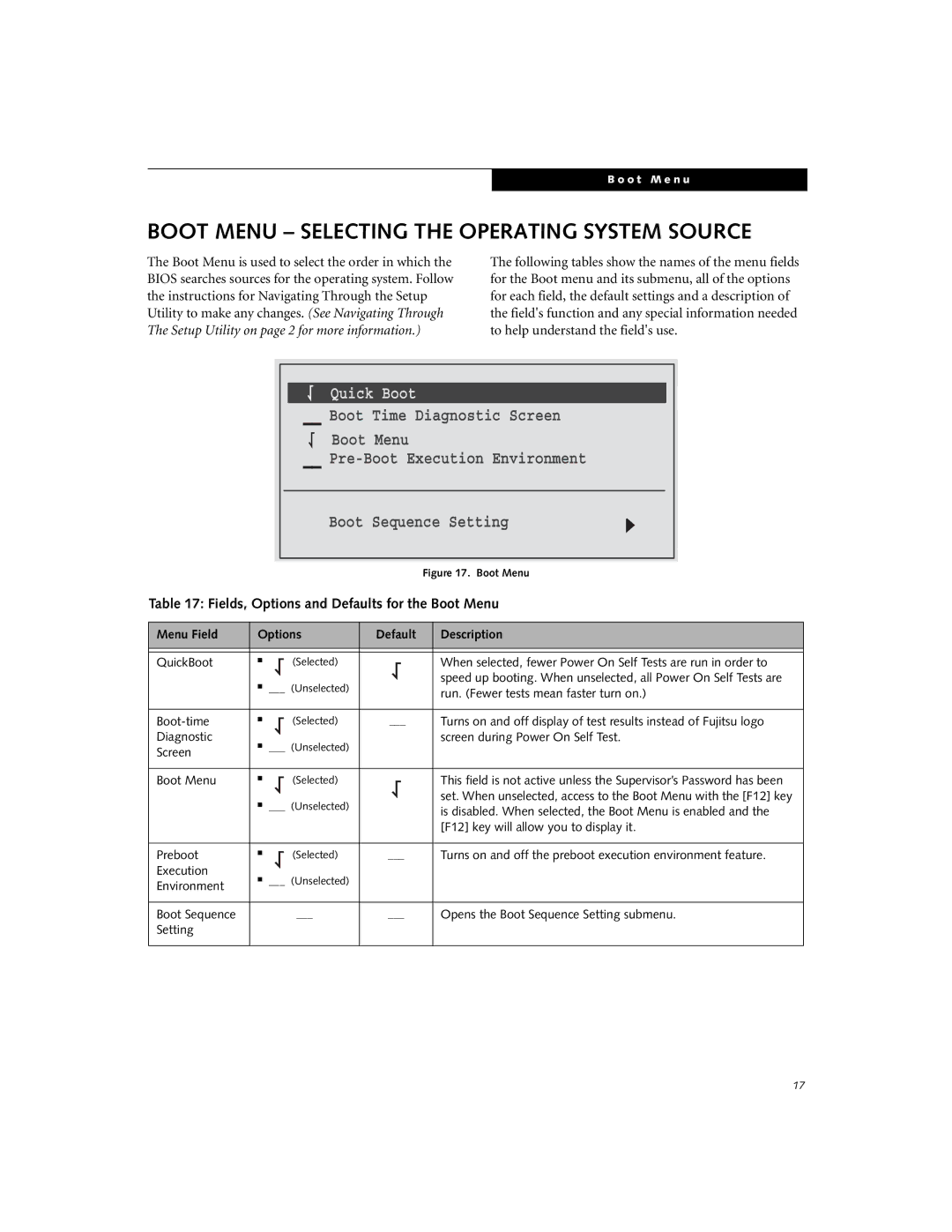 Fujitsu N3410 manual Boot Menu Selecting the Operating System Source, IntelR Pentium 040M9AT00 Pre-Boot Execution 