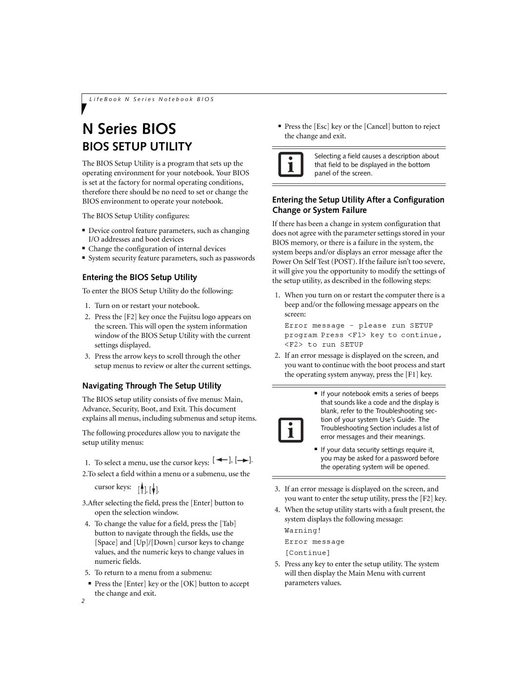 Fujitsu N3410 manual Entering the Bios Setup Utility, Navigating Through The Setup Utility 