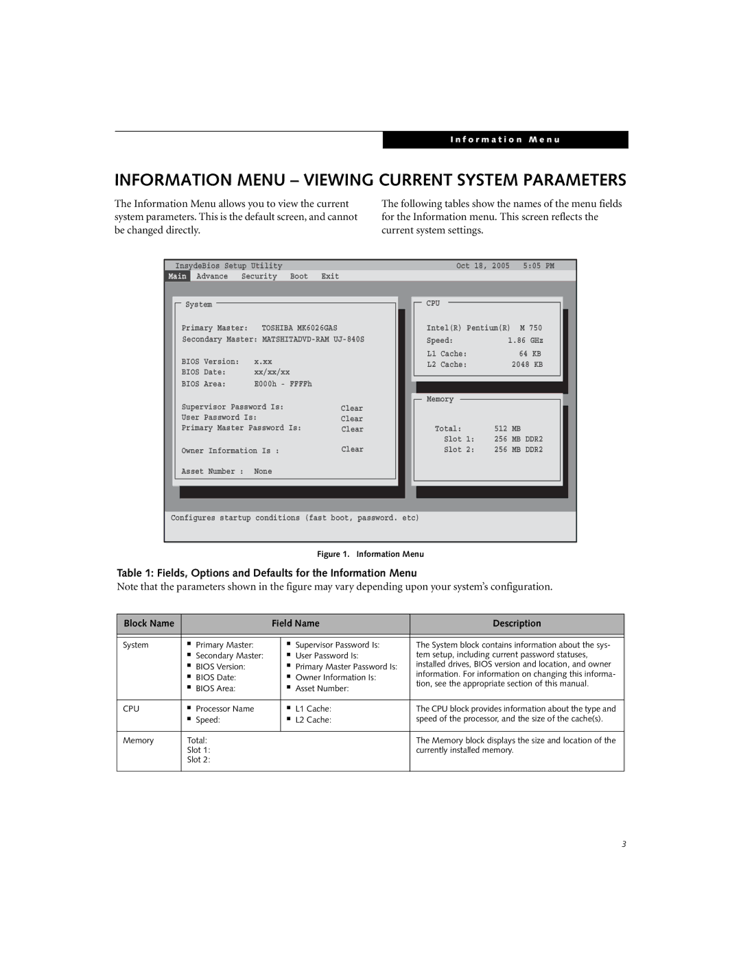 Fujitsu N3410 manual Fields, Options and Defaults for the Information Menu, Field Name Description, Processor Name L1 Cache 