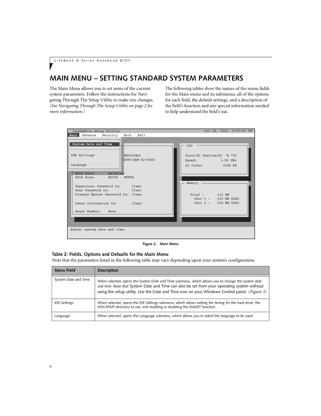 Fujitsu N3410 manual Main Menu Setting Standard System Parameters, Fields, Options and Defaults for the Main Menu 