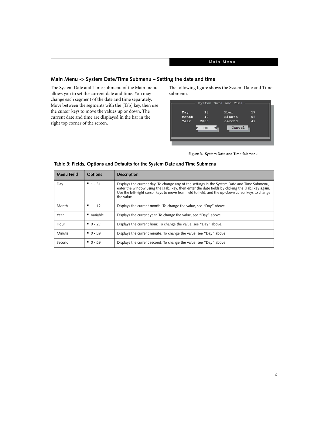 Fujitsu N3410 manual Menu Field Options Description, Day, Value 