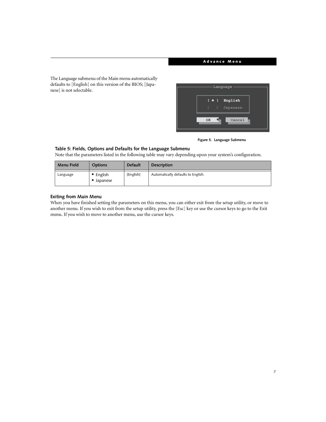 Fujitsu N3410 manual Fields, Options and Defaults for the Language Submenu, Exiting from Main Menu, English, Japanese 