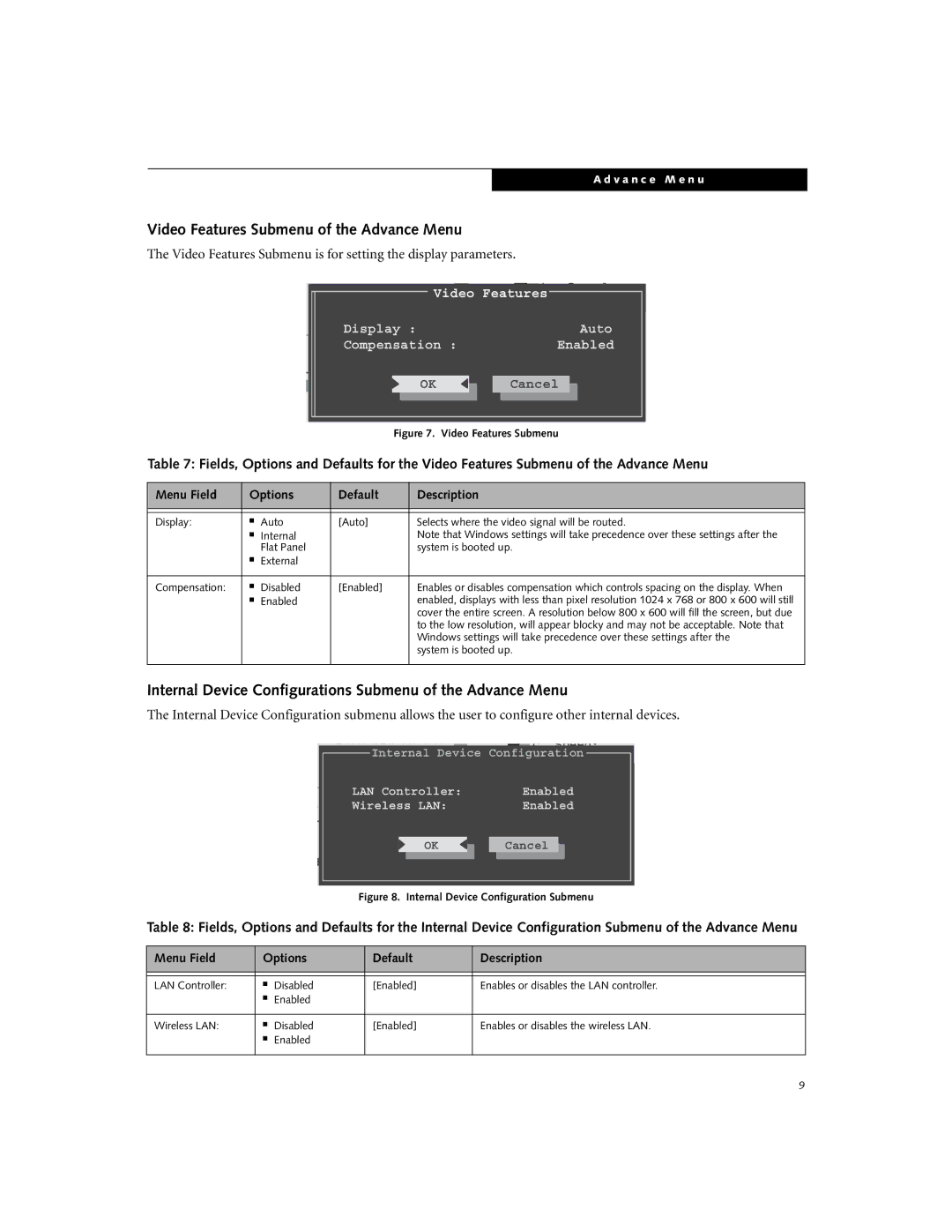 Fujitsu N3410 manual Video Features Submenu of the Advance Menu, Internal Device Configurations Submenu of the Advance Menu 