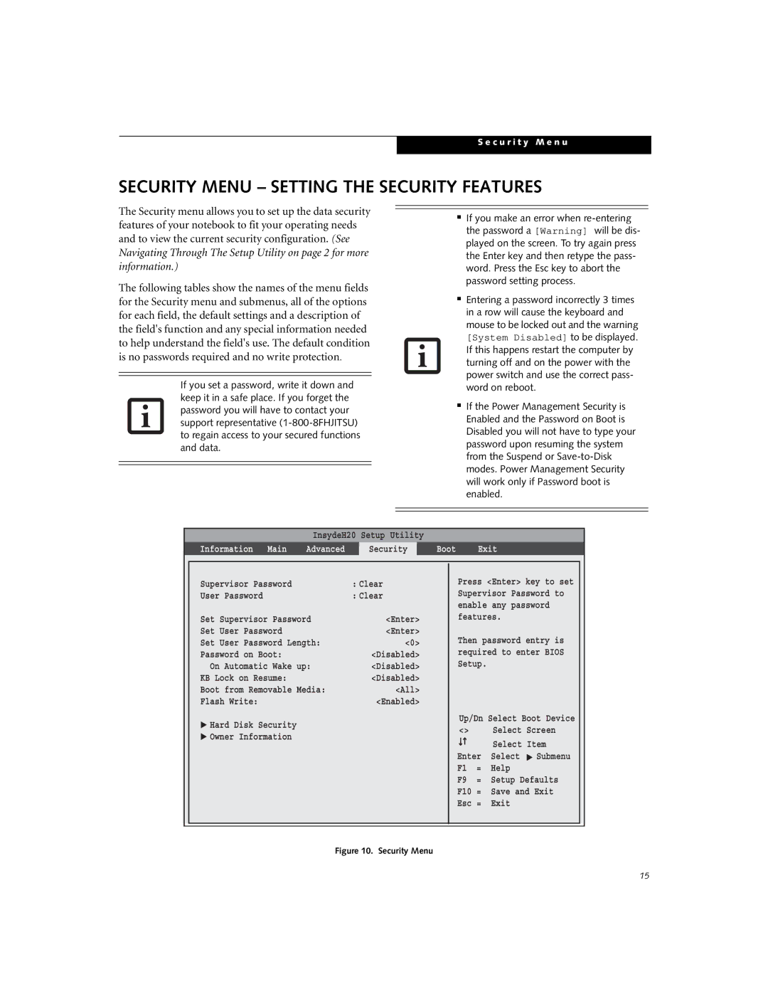 Fujitsu N3430 manual Security Menu Setting the Security Features, Boot Exit 